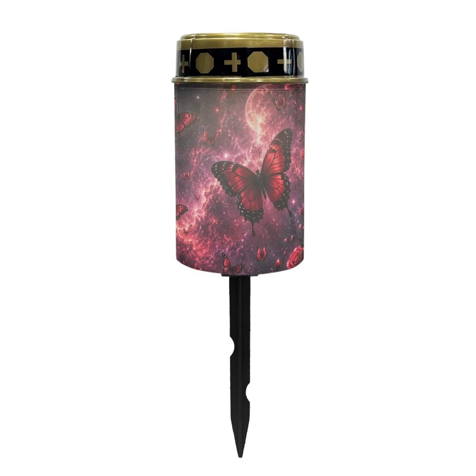 Poceacles Outdoor Solar Lights Solar Grave Candle Outdoor Waterproof Cemetery LED Candles for Cemetery Lawn Porch Outside Decoration, Butterfly Rose Galaxy Moon Red