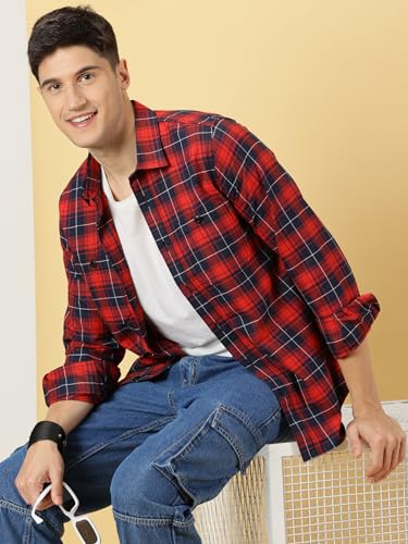 Image of Thomas Scott Men's | Checks | Full Sleeve | Slim Fit | Cotton Polyester Blend | Double Pocket | Spread Collar | Casual Shirt