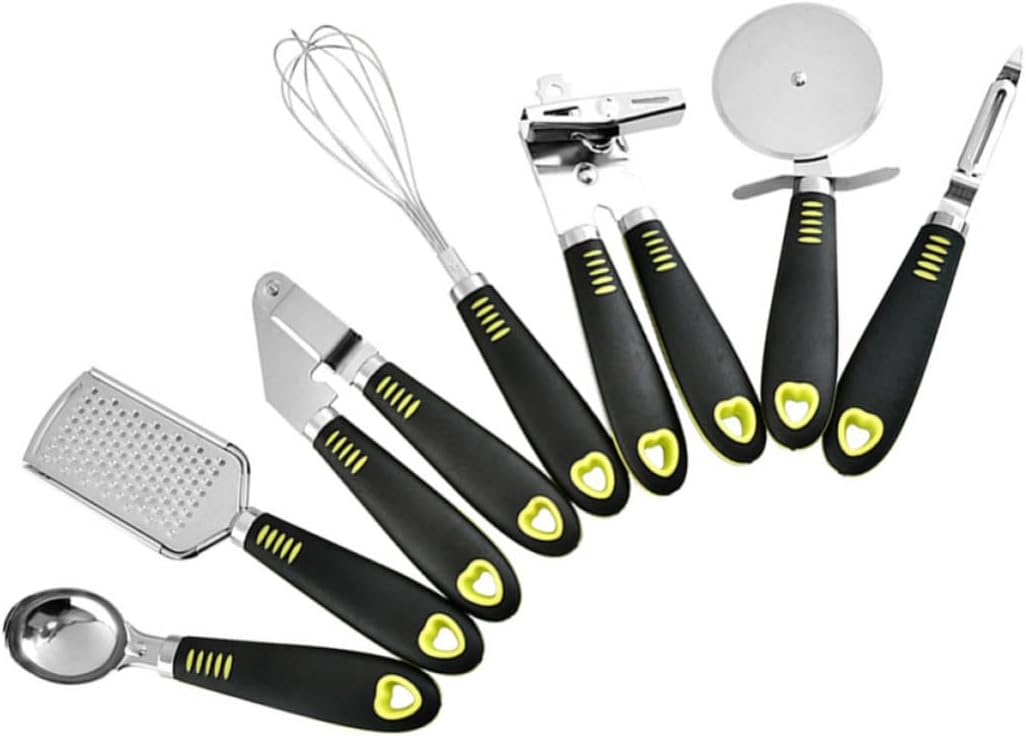 SEWACC Stainless Steel Kitchen Utensils Set Includes Pizza Wheel 7pcs with Ergonomic Design and Hanging Hole Can Opener Egg Whisk and Garlic Press for Cooking and Food Preparation