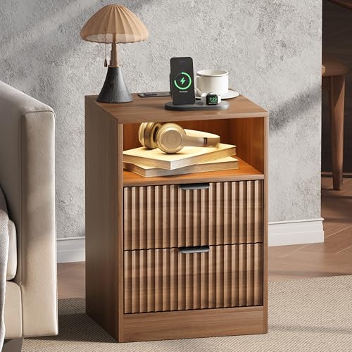 Image of Wodeer LED Nightstand with Charging Station, Fluted Nightstand Set of 2, Wood Nightstands with 2 Drawers & Metal Handles, Modern Bedside Table & End Tables, Farmhouse Night Stands for Bedroom, Walnut