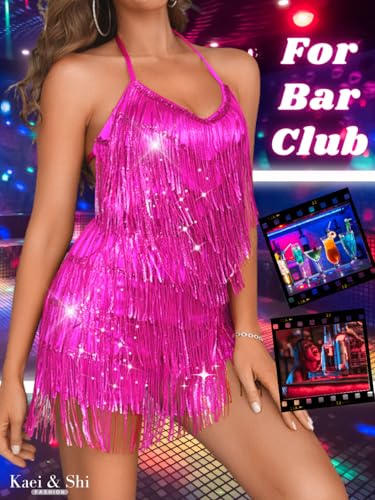 Image of Kaei&Shi Sequin Fringe Romper,Sparkly Glitter Metallic Jumpsuits For Women,Backless Shorts Dress Disco Birthday Dance Outfit