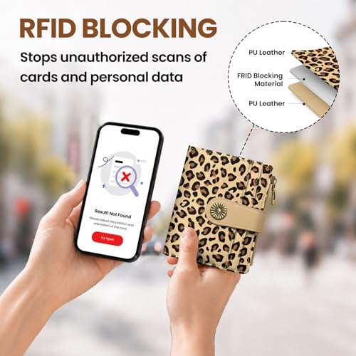 Image of Small Wallet for Women, RFID Blocking Bifold Card Holder Wallet with 10 Card Slots, Cash Compartment, Zipper Coin Pocket & ID Window, Cute Soft Vegan Leather Compact Wallet, Leopard