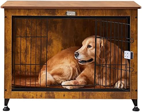 COPAW Dog Crate Furniture - 38 Inch Wooden Wire Pet Kennels with Double Doors Cushion and Adjustable Feet Indoor Pet House End Table Furniture Style Dog Crate for Small Medium and Large Breeds Dogs