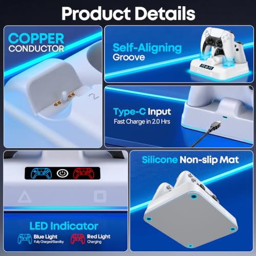 Image of P S5 Controller Charger Compatible with P S5 Dual /Edge Remotes | Drop & Go Design, 2H Fast Charging Dock, 9 RGB Lights & LED Indicator, P S5 Controller Storage
