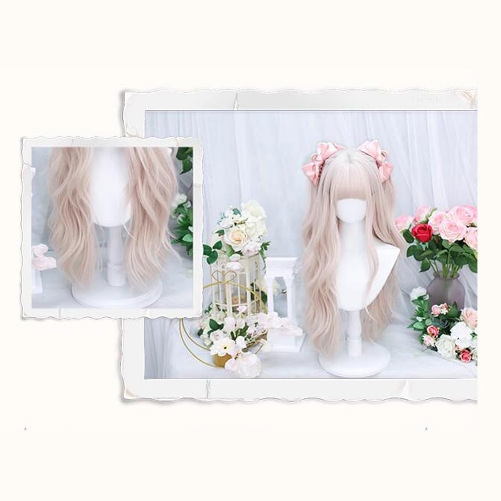 Cream Pink Lolita Wig Long Loose Wavy Hair with Bangs Natural Synthetic Wig for Halloween Christmas Party