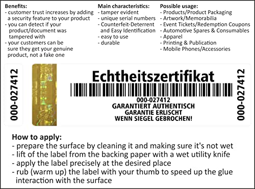 Holomarks 250 Stück Gold High Security Echtheitszertifikat Etiketten mit Seriennummern und Hologramm 70x20mm mit UV security Certificate of Authenticity GERMAN TEXT