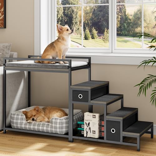 kepptory Pet Bunk Bed with Stairs and Storage, Dog Beds Attachment to Human Bed, Bedside Dogs Cot for Small, Medium Cats & Dogs, Pet Window Perch (Grey)