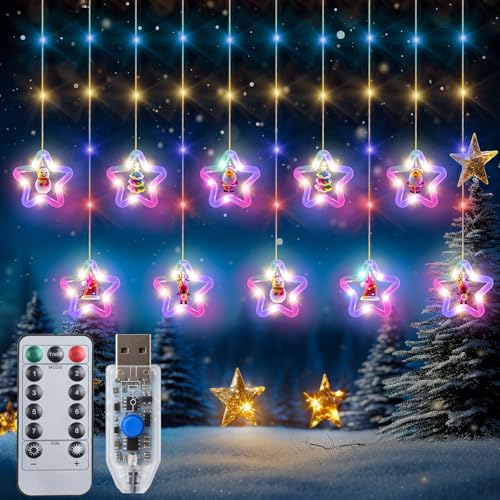 Qoosea Cortina de Luces Navideñas, 100LED Estrellas Cortina de Luz USB, 3M 8 Modos Impermeable Cadena Luces Guirnaldas Interior Exterior Decorativas para Boda Fiesta Jardín, Colores