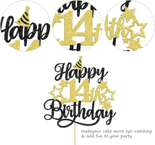 Image of Confetti! Glittering 14th Birthday Cake Topper with Star Hat - Cheers to 14 Years! Fabulous Cake Decorations for Kids' 14th Birthday & Anniversary Party Supply