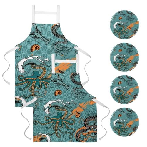 Lot de 2 tabliers de cuisine avec 4 broches motif dragon et pieuvre pour bar