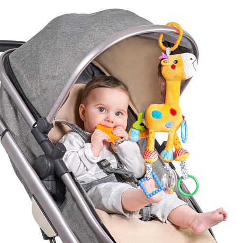 TUMAMA KIDS Jirafa Colgante Juguete Sonajero 0 3 6 9 12 Meses, Cochecito de Bebé Juguete,Asiento de Coche Cuna Animal de Peluche Actividad Juguete Regalo de Cumpleaños para Recién Nacido