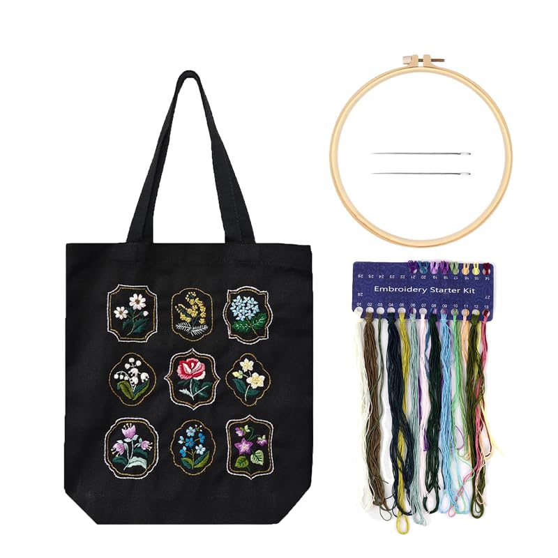 Image of PATPAT DIY Embroidery Canvas Tote Floral Embroidery Canvas Shoulder Bag Artcraft Material Pack With 35x33Cm Bag & Color Yarns,Needles,Hoop And Tools DIY Book,Black