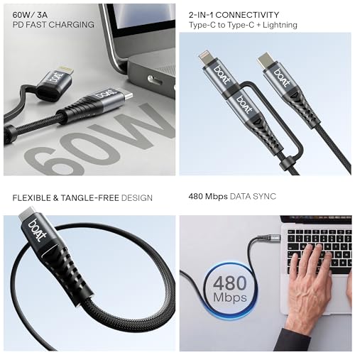 Image of boAt FlexiCharge 250 Cable with 2-in-1 Connectivity Type-C to Type-C + Lightning Cable; 60W /3A PD Fast Charging, 480 Mbps Data Sync, 1.2 m (3.9 ft),10000+ Bends Lifespan, Nylon Braided (Carbon Black)