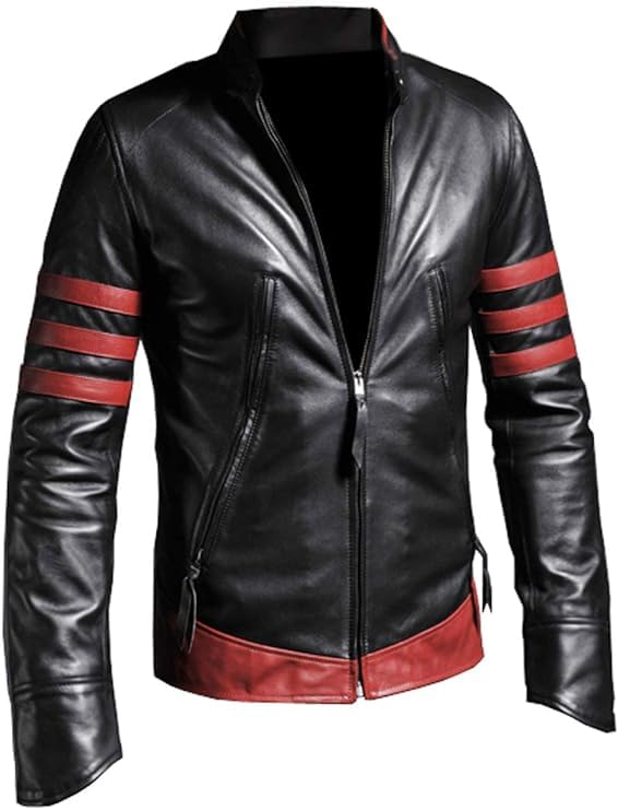X-Men Origins Wolverine Distressed Leather Jacket, Black w Red Stripes, For Men