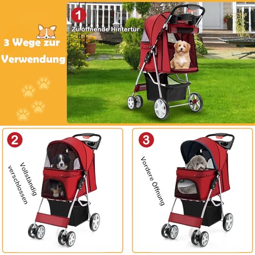 COSTWAY Hundewagen Haustiere Buggy, bis 15 kg, Hundebuggy mit Netzfenstern & Getränkehalter & Korb & Sonnenschutz, Faltbarer Katzenwagen, Katzenbuggy für kleine Hunde Katzen (Rot)