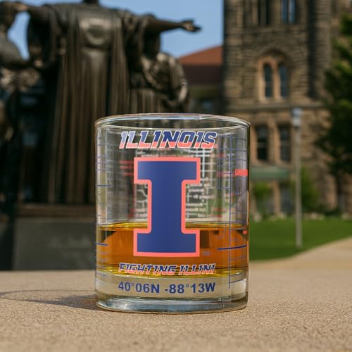Image of Greenline Goods - University of Illinois Fighting Illini College Whiskey Glasses (Set of 2), 10 oz - Full-Color Logo + Campus Map