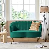 HULALA HOME Velvet Loveseat Sofa with Flower Shaped Back, Modern 2-Seater Sofa for Living Room Bedroom, Comfy Upholstered Small Love Seat Couch with Gold Legs, Green