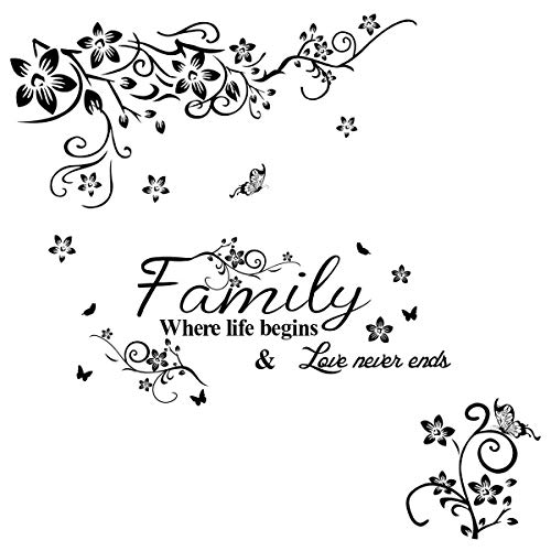 Wall Stickers, Kissbuty Removable Flowers Wall Decals Family Letter Quote DIY Floral Vines and Butterfly Wall Decor Stickers Peel Stick Art Decoration Mural Home Decor Wall Art (Black)