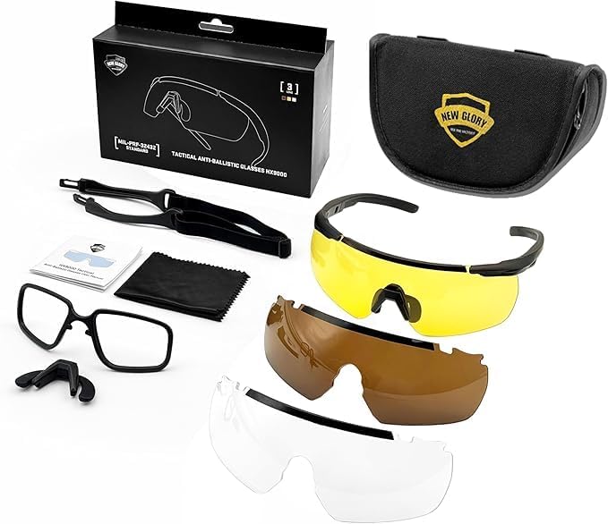 NEW GLORY Shooting Glasses Military Grade, Safety Eyewear for Men and Women, Shatterproof Eye Protection for Combat, Hunting, Shooting and Airsoft, UV Protection, Anti-Fog, Pack of Three lens