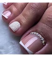 French Tip Press on Toenails Nude Short Square Fake Toenails Rhinestone Glitter False Toenails fo...