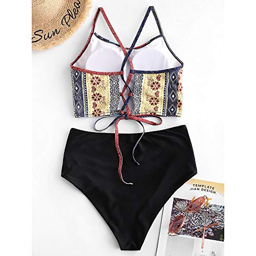 Zaful Women's Padded Bohemian Lace Up Tummy Control High Waisted Tankini Swimsuit Bathing Suit Large #TOP2