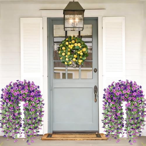 Image of Bassion Artificial Mums for Outdoor, 2 Pcs Fake Fall Hanging Flowers (Double Purple)
