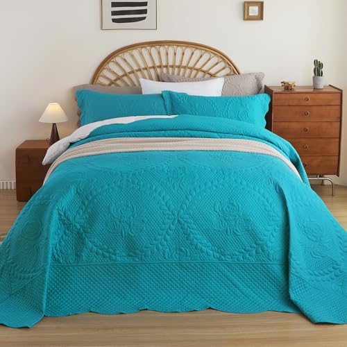 Image of EVENHUG Oversized King Bedspreads California King Quilt Set with Pillow Shams Extra Wide Large King Size Quilts Lightweight Coverlet Bedding Sets Teal Blue 120 inchx120 inch