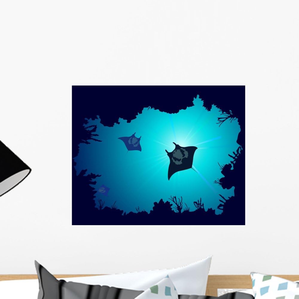 Wallmonkeys Underwater Murals Background of a Coral Reef with Manta Ray Wall Decal Peel and Stick Graphic WM228536 (18 in W x 14 in H)