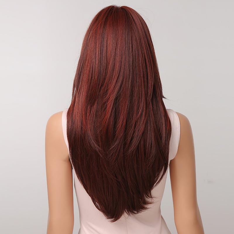 LANOVA Chotolate Brown with Blonde Highlights Straight Wigs,Long Layered Brown Wig for Woman,Balayage Face Franming Wig with Curtain Bangs LANOVA-294