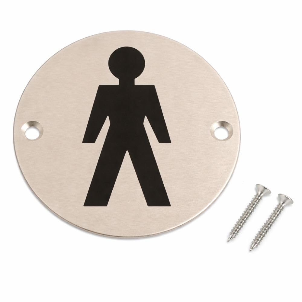 Male Toilet Door Sign 76mm Disc Satin Aluminium Screen Printed Bathroom Sign with Fixing Screws Pack of 1