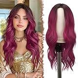 FESHFEN Long Wine Red Wigs for Women, 24 inch Middle Parting Synthetic Wavy Wig for Daily Party, Ombre Black to Burgundy