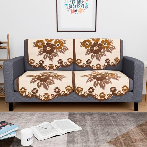 Image of Kuber Industries (Set of 4) Stylish & Durable Cotton Sofa Covers 2 Seater | Washable Sofa Protector /Mat & Slipcover for Hall, Living Room & Office | Painting Print- Cream & Brown