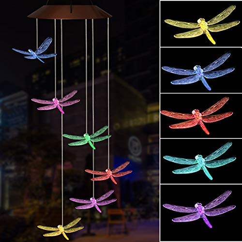 Silent Solar Wind Chimes Color-Changing Lights Outdoor LED Power Solar Mobile Waterproof Six Dragonflies Solar Powered Wind Chimes for Yard/Party/Night/Garden/Festival Decor/Valentines Gift Decoration