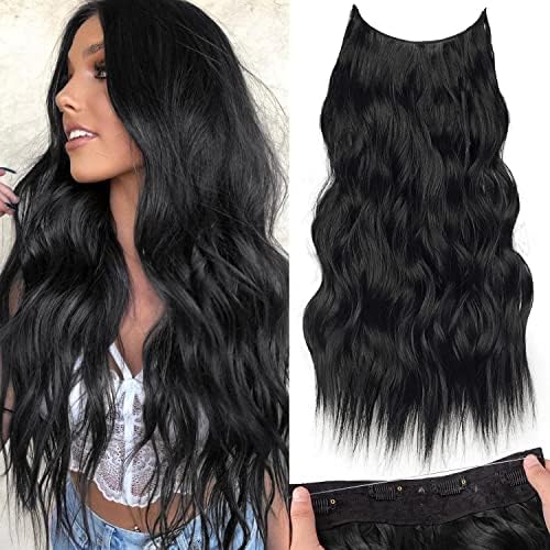 KooKaStyle Wavy Invisible Wire & Clip In Hair Extensions Black/1B# 24"