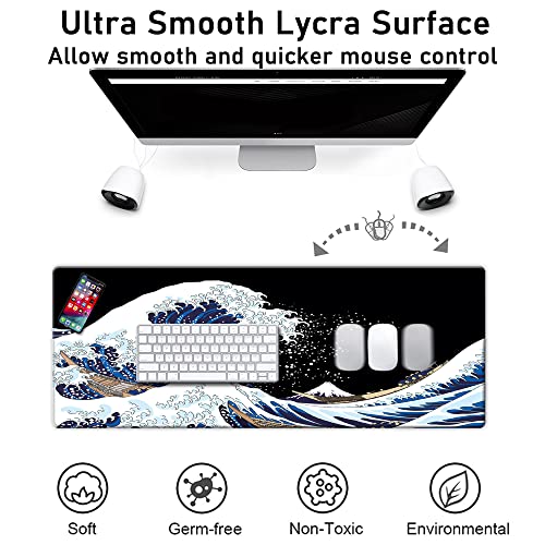 Desk Pad Protector,Mouse Pad With Non-Slip Rubber Base,Textured & Waterproof Mousepad With Stitched Edges,Large Desk Mats For Computers,Laptop,Gaming,Office & Home,31.5 X 11.8 In,Great Wave #TOP1