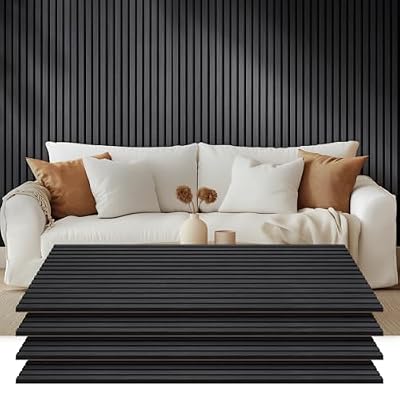 Wood Slat Acoustic Wall Panels, Self Adhesive Sound Absorbing Panels for Interior Wall Decor, 4 Pack 47.2"x23.6" 3D Fluted Wood Panels NRC 0.95 Easy Install for Studio Living Room Bedroom (Black)