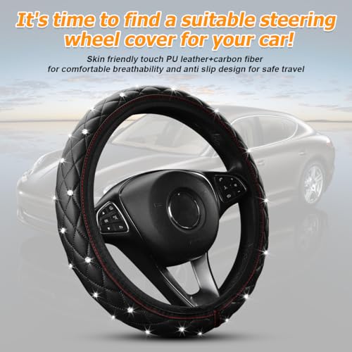 KHGUZ Bling Car Steering Wheel Cover, Non-Slip Elastic Stretch Leather Auto Steering Wheel Protector, Sparkling Diamond Vehicle Decor Accessories for Women Girls, Universal for Vehicles (Black) - Thumbnail 5