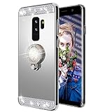 Galaxy S9 Plus Case,Lozeguyc Crystal Rhinestone Mirror Glass Case Bling Diamond Soft Rubber Makeup Case for Samsung Galaxy S9 Plus with Detachable 360 Degree Ring Stand-Silver