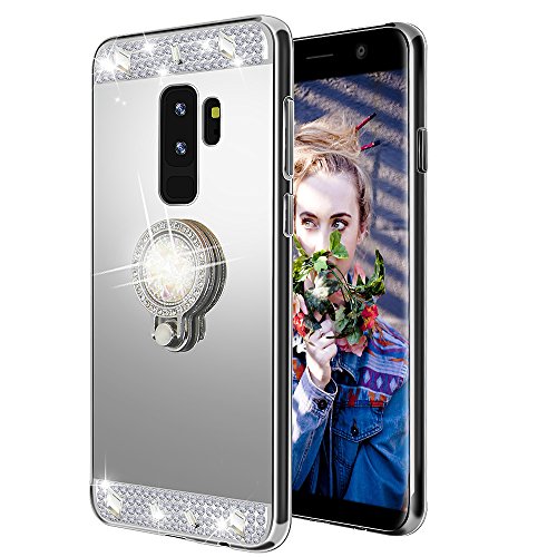 Lozeguyc Galaxy S9 Plus Case, Crystal Rhinestone Mirror Glass Case Bling Diamond Soft Rubber Makeup Case for Samsung Galaxy S9 Plus with Detachable 360 Degree Ring Stand-Silver