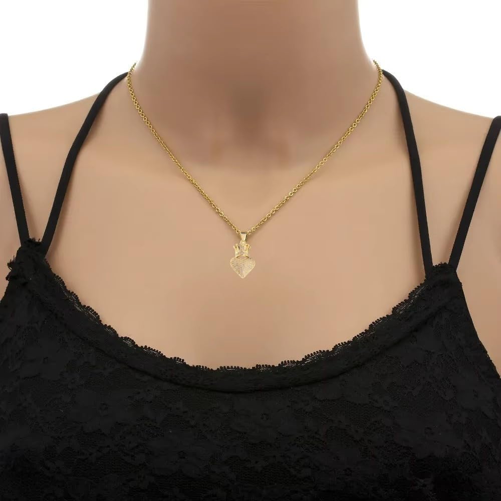 14K Yellow Gold Heart Crown Necklace - 14K Yellow Gold Royal Charm Crown Necklace with Chain for Women - Image 5