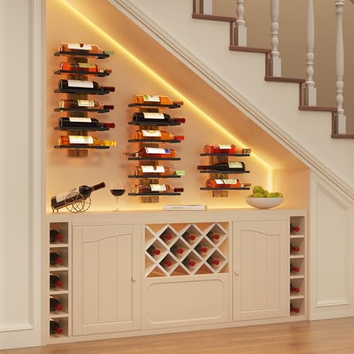 Image of Hoctieon 6 Tier Wall Mount Wine Rack, Wall Mounted Wine Bottle Racks for Display and Storage, Hanging Bottle Holder for Living Room, Dining Room, Bar, Wine Cellar, Rustic Brown