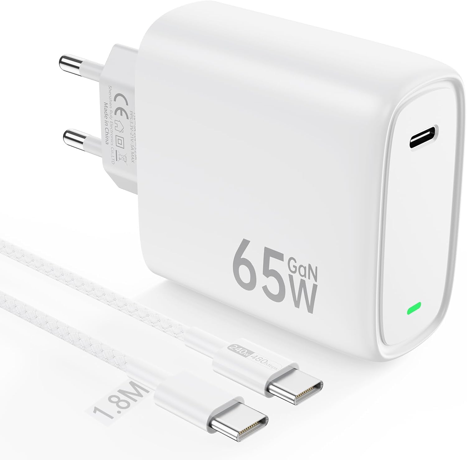 NEWlNCON Caricatore Veloce USB C 65W GaN+, PPS Ricarica Veloce con Cavo Intrecciato 1.8M per MacBook Pro/Air, iPhone 16/15/Pro, iPad Pro/Air, Samsung S24/23Ultra, Pixel 8/7 e altro ancora