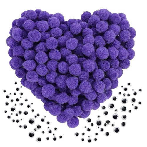 Caydo [400 pcs] - 300 Pieces Purple Pom Poms with 100 Pieces Wiggle Eyes 1 Inch Craft Pompom Balls for Kids DIY Art Creative Crafts