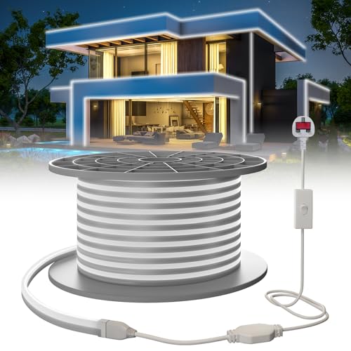SUCIKORIO Neon Led Strip Light 15m / 49.2ft, Waterproof IP65 LED Strip Lights Cold White 6000K Cuttable Flexible Neon Rope Light 240V DIY LEDs Lights with Power Supply for Bedroom, Indoor & Outdoor