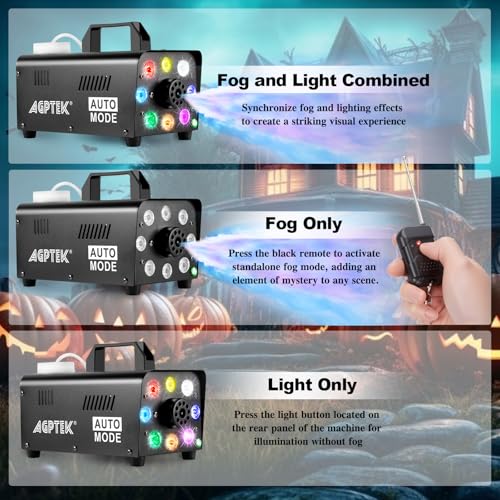 Image of AGPTEK Fog Machine, 500W Portable Led Smoke Machine with Lights (Red, Blue, Green), Upgraded Auto Mode & Wireless Remote Control for Halloween, Christmas, Wedding, Parties, DJ Performance & Stage Show