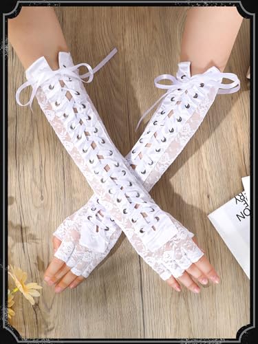 Guantes largos de encaje sin dedos de Geyoga con cinta estilo punk para Halloween 6