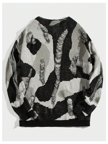 Men's Ripped Graphic Sweaters Distressed Round Neck Long Sleeve Knit Sweater Fall Pullover Top2