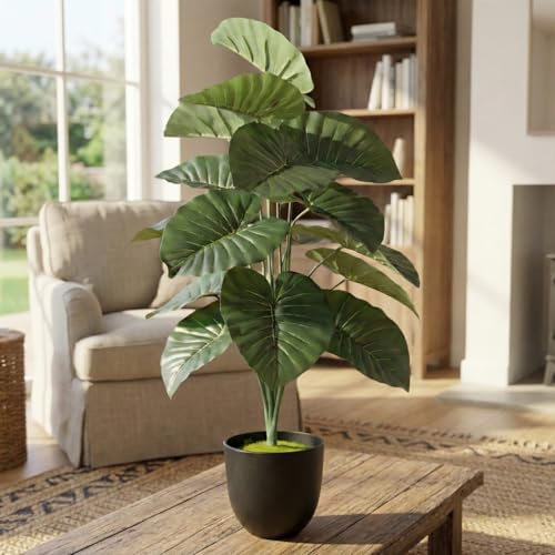 Image of Dekorly Artificial Palm Tree - Large Fake Tropical Floor Plant, Realistic Plastic Greenery for Indoor Home, Office, Living Room & Corner Decor (Alocasia Elephant Ear)