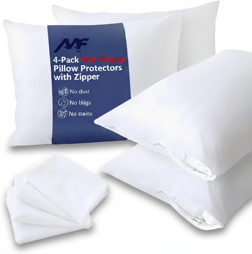 Pillow Protectors 4 Pack Anti Allergy Feather Bed Bug Proof 50x75cm – Non-Noisy Pillow Protectors with Zipped Closure Anti Dust Mite, Mildew Proof Anti Bacterial Zipped Pillow Protector, White