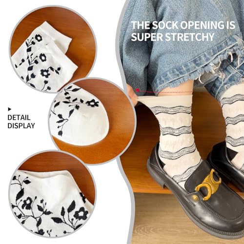 Mottee&Zconia Women's Crew Socks,Over the Ankle,Cute Floral Socks,Cotton White Black Socks,5pack(Size5-9)2